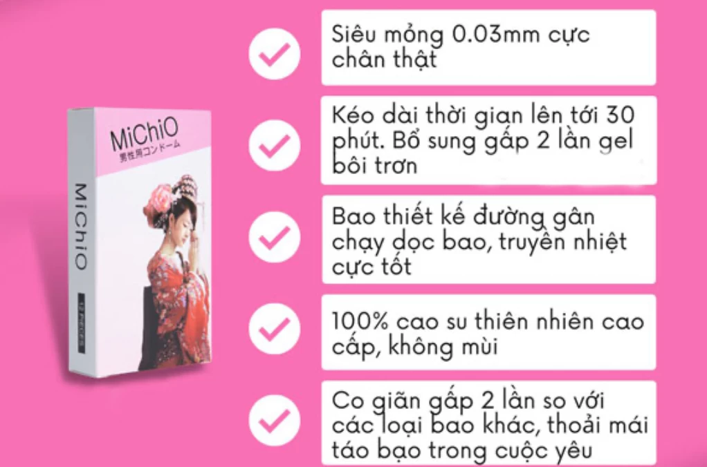 Bao cao su MiChiO gân siêu mỏng chân thật 12 bao nhật bản
