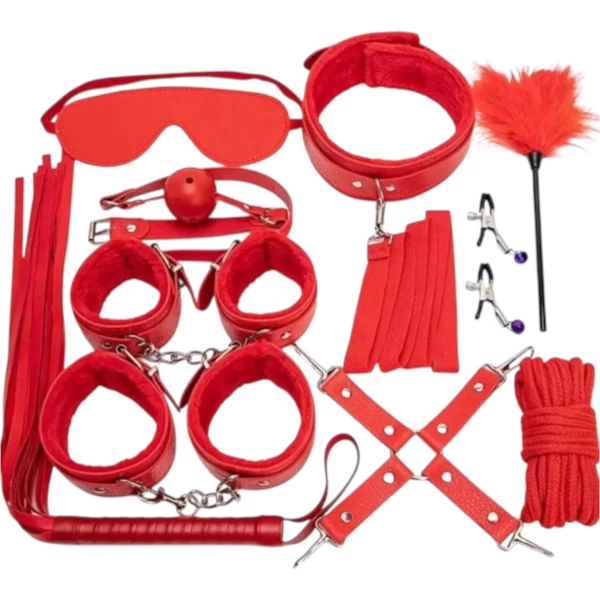 Đồ chơi bạo dâm nhiều món da mịn, lông mềm màu đỏ