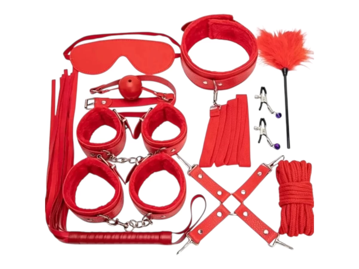 Đồ chơi bạo dâm nhiều món da mịn, lông mềm màu đỏ